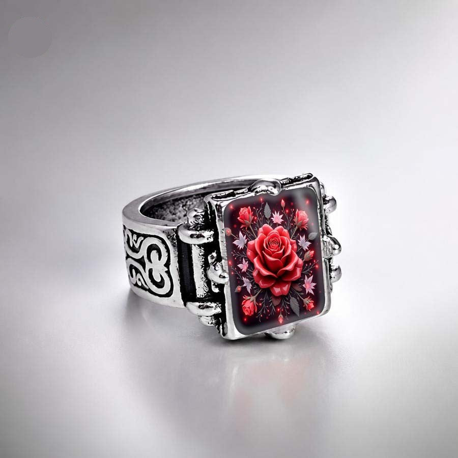 Red Rose Floral Square Ring