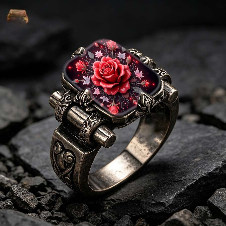 Red Rose Floral Square Ring