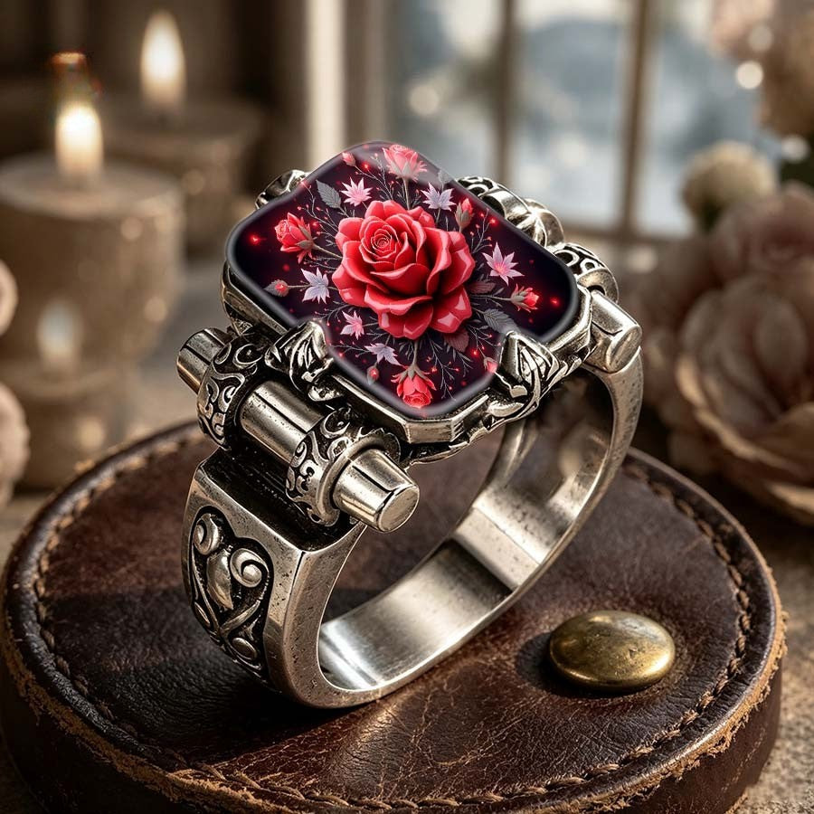 Red Rose Floral Square Ring