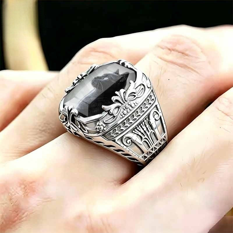 Ornate Black Cat Square Ring
