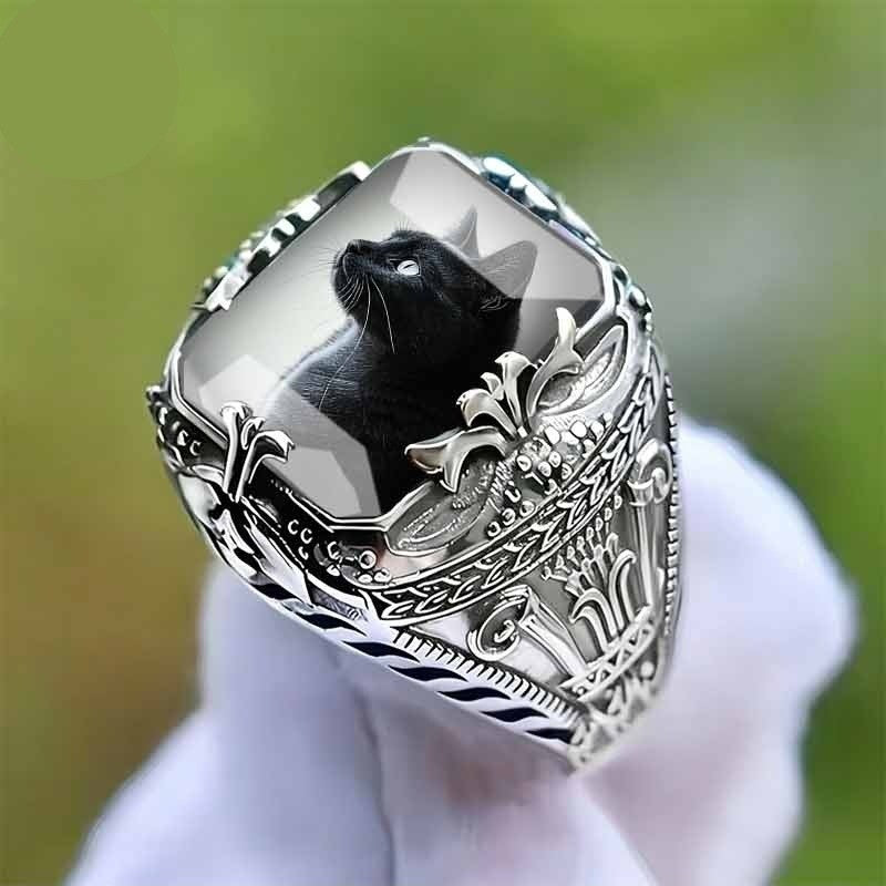 Ornate Black Cat Square Ring
