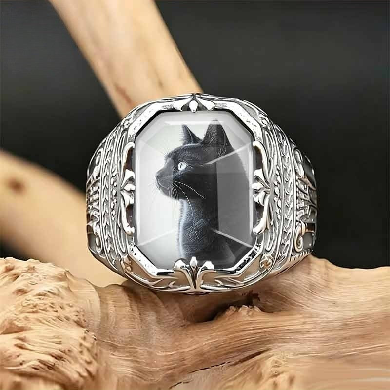 Ornate Black Cat Square Ring