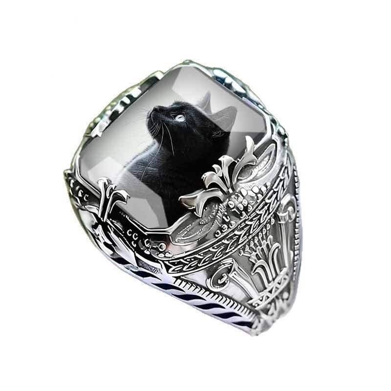 Ornate Black Cat Square Ring