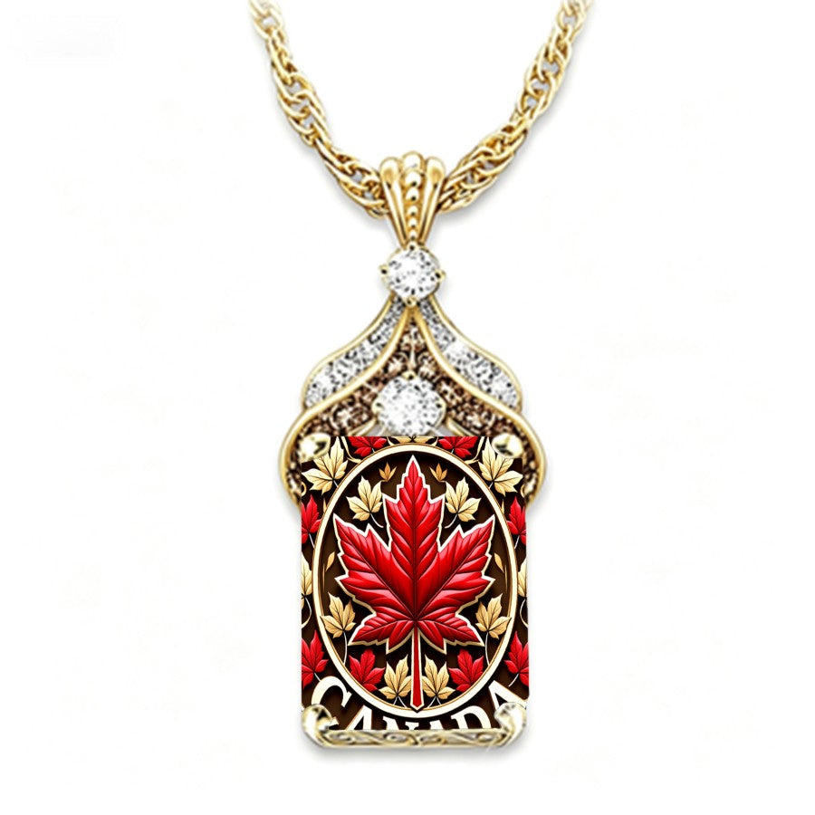 Red Maple Leaf Rectangle Pendant Necklace