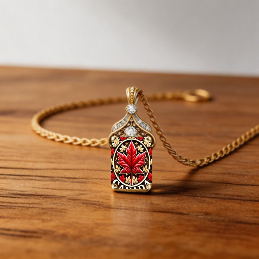 Red Maple Leaf Rectangle Pendant Necklace