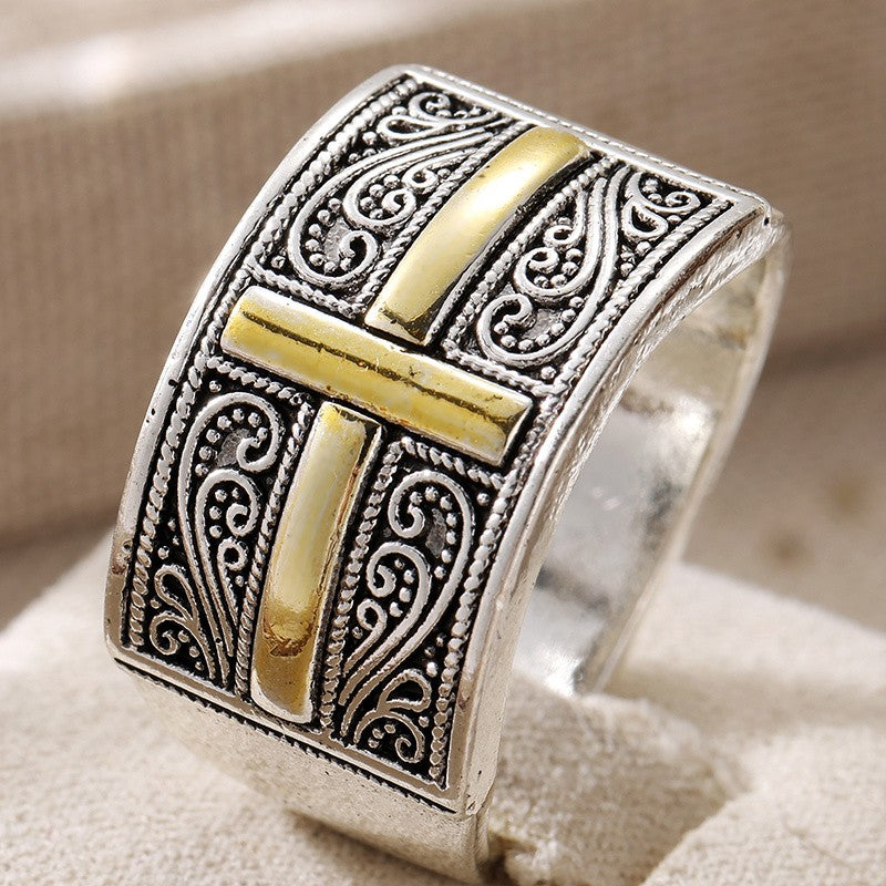 Gold-Tone Cross Scrollwork Wide Ring