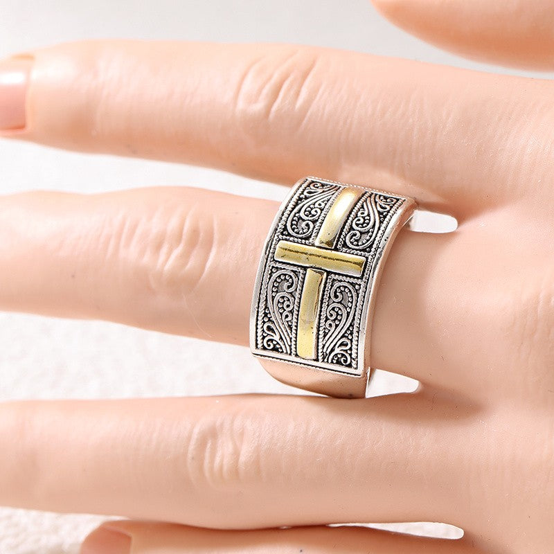 Gold-Tone Cross Scrollwork Wide Ring