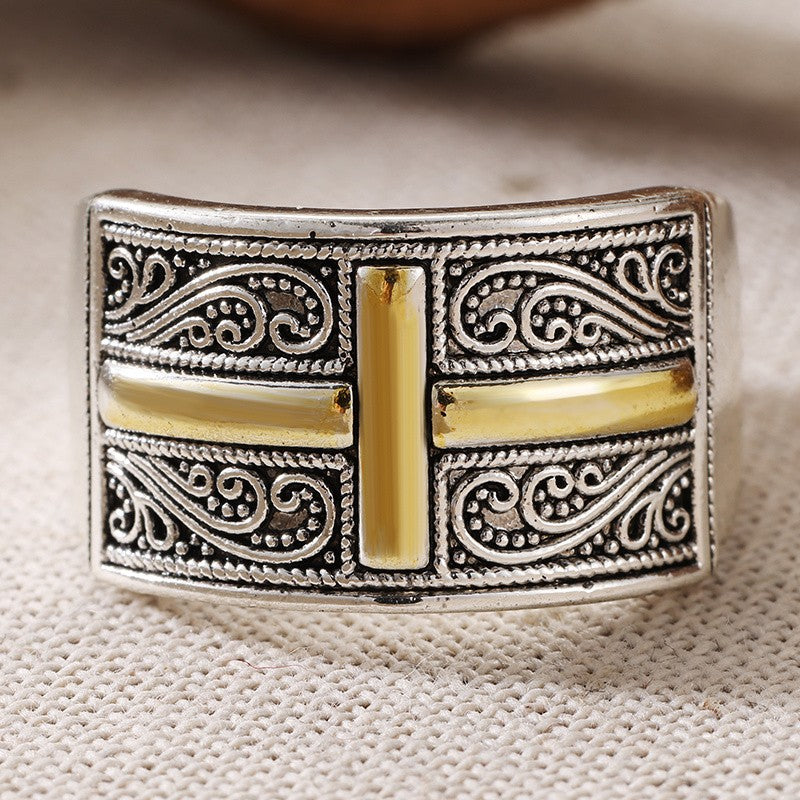 Gold-Tone Cross Scrollwork Wide Ring