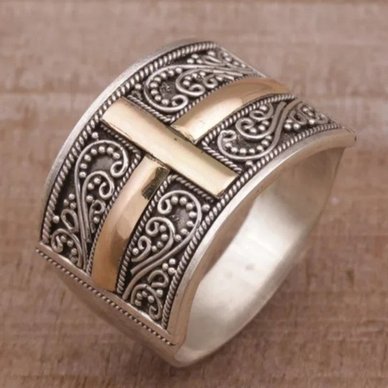 Gold-Tone Cross Scrollwork Wide Ring