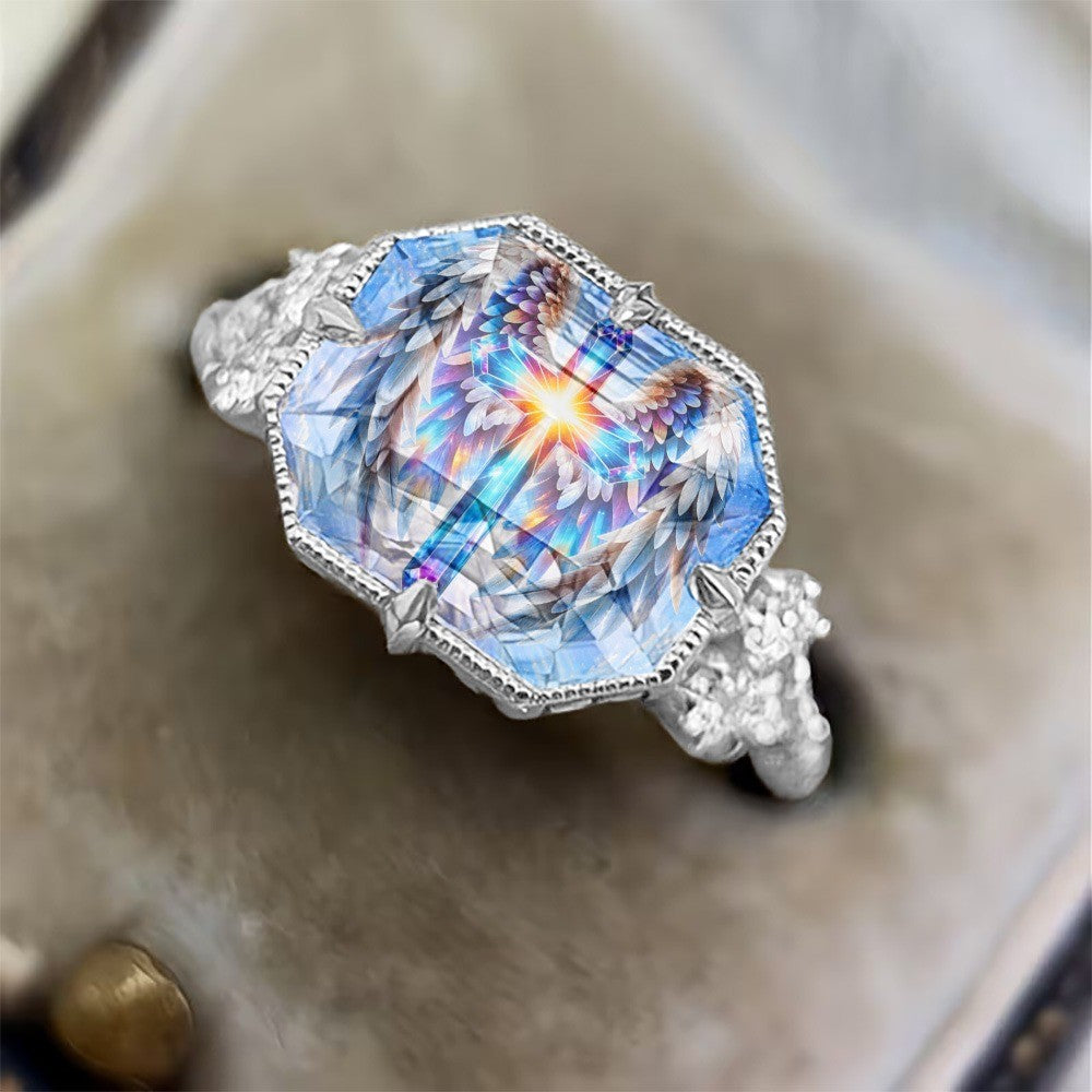 Iridescent Angel Wing Geometric Ring