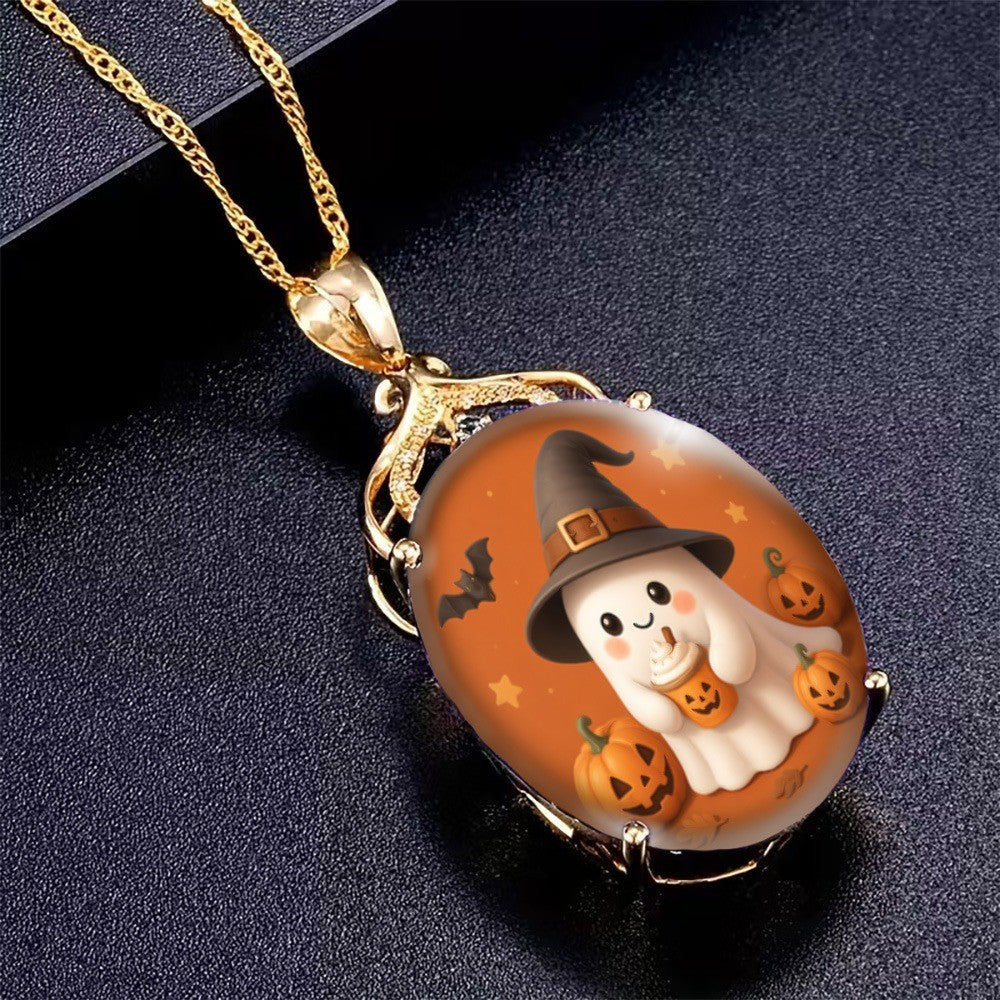 Cute Ghost Witch Oval Pendant Necklace