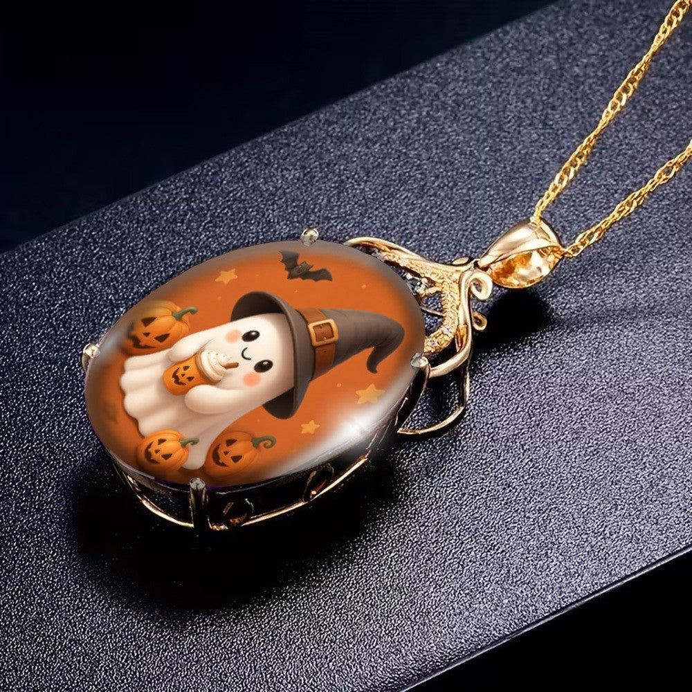 Cute Ghost Witch Oval Pendant Necklace