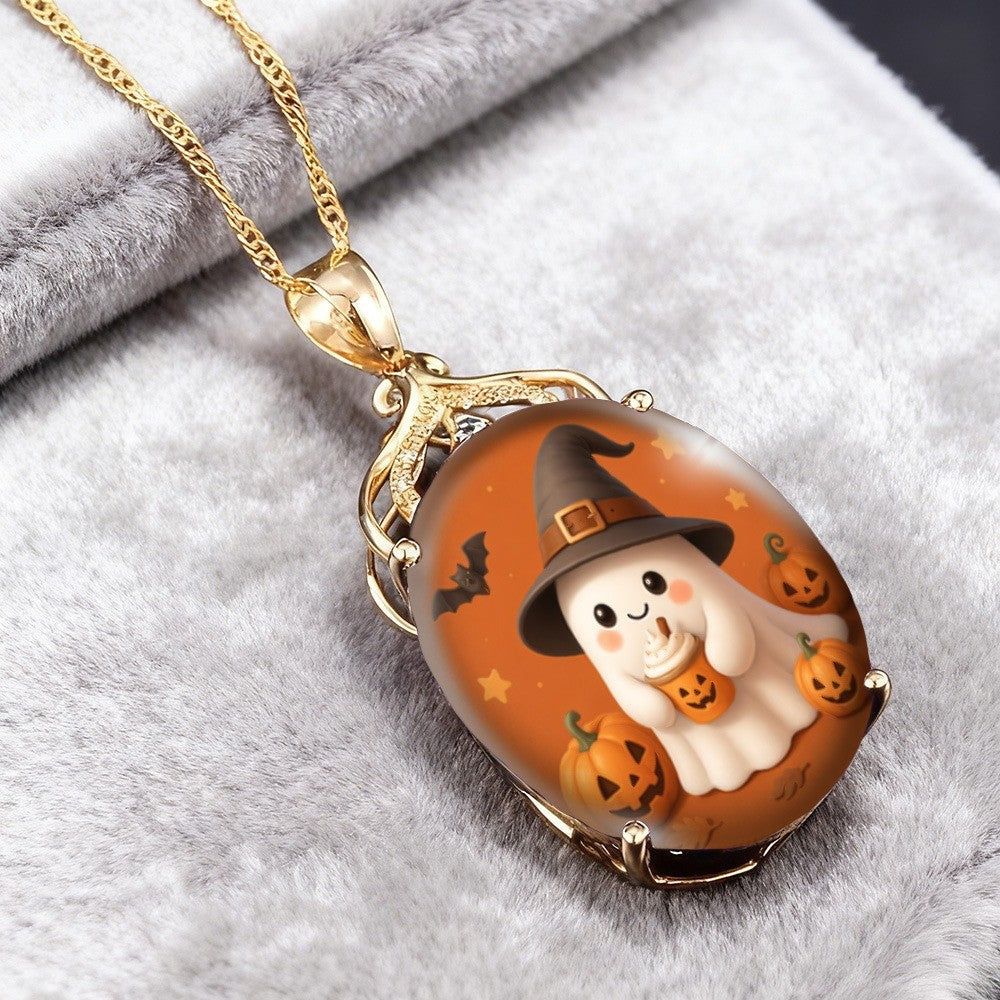 Cute Ghost Witch Oval Pendant Necklace