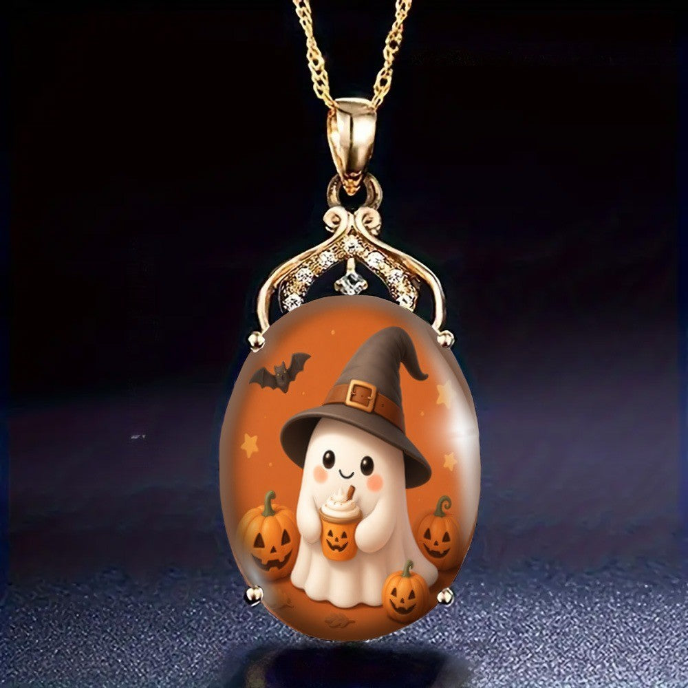 Cute Ghost Witch Oval Pendant Necklace