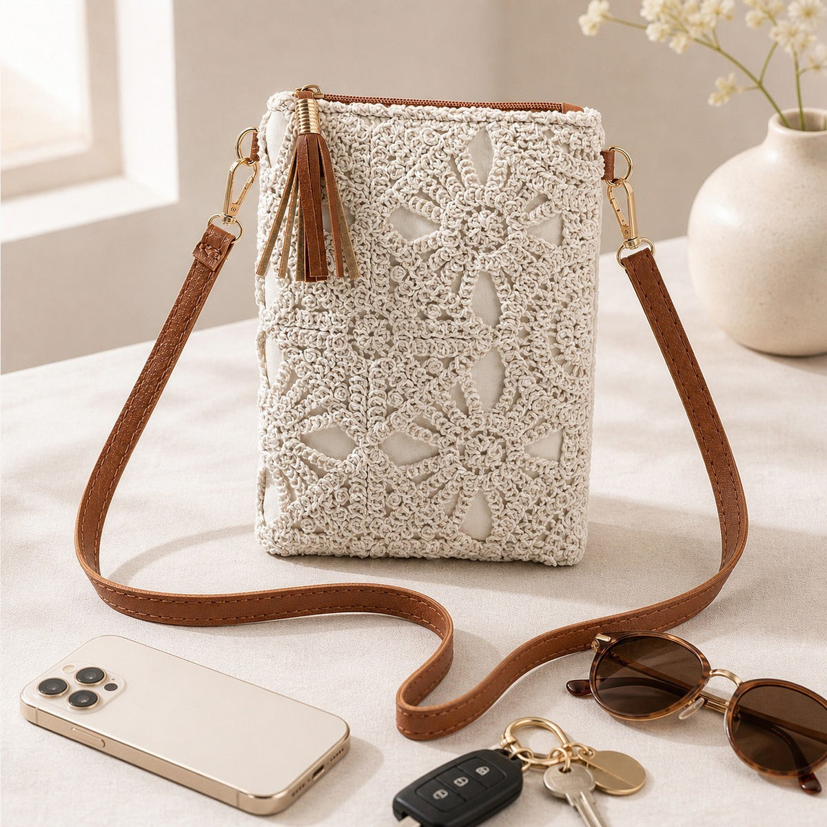 Crochet Floral Crossbody Bag