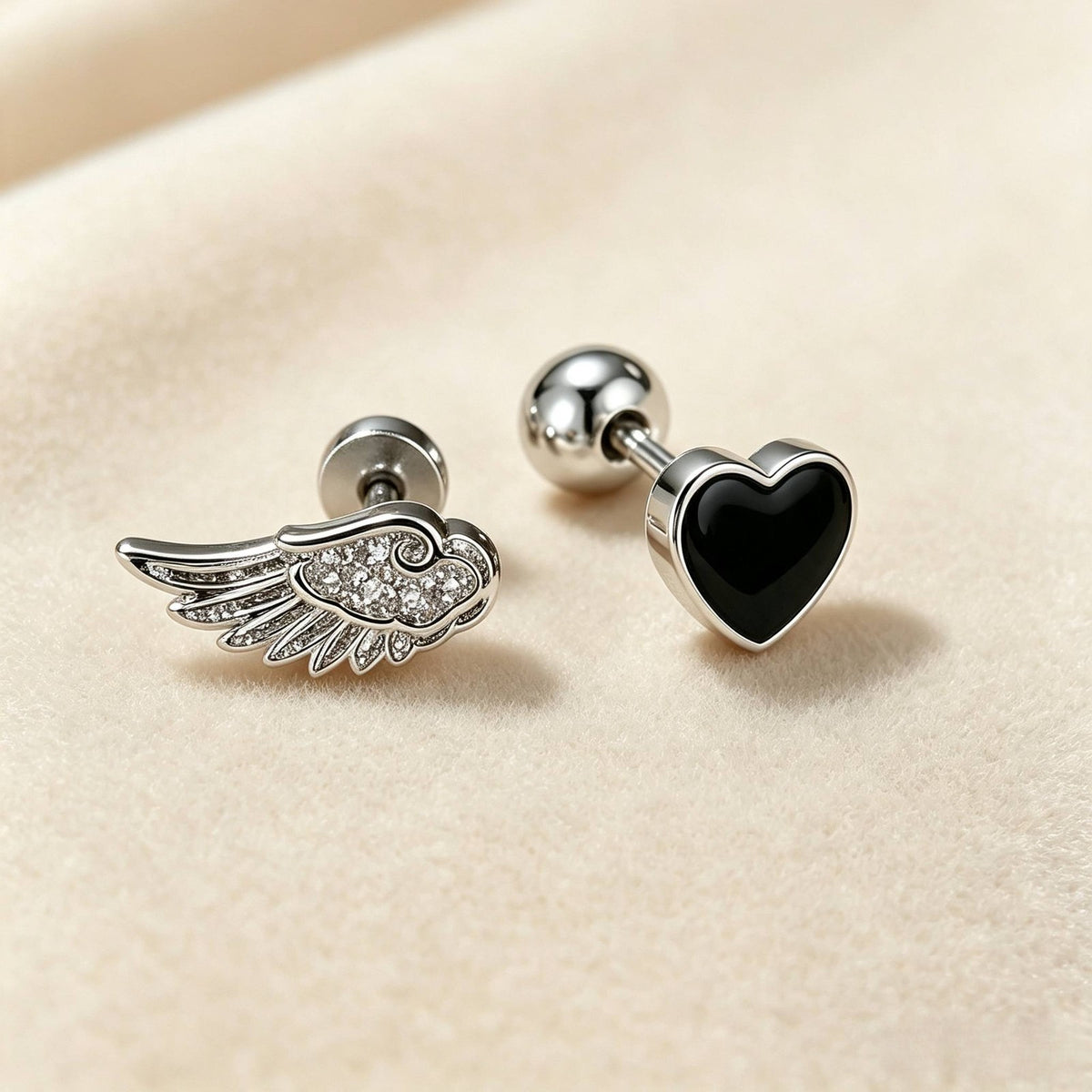 Black Heart & Wing Stud Earring Set