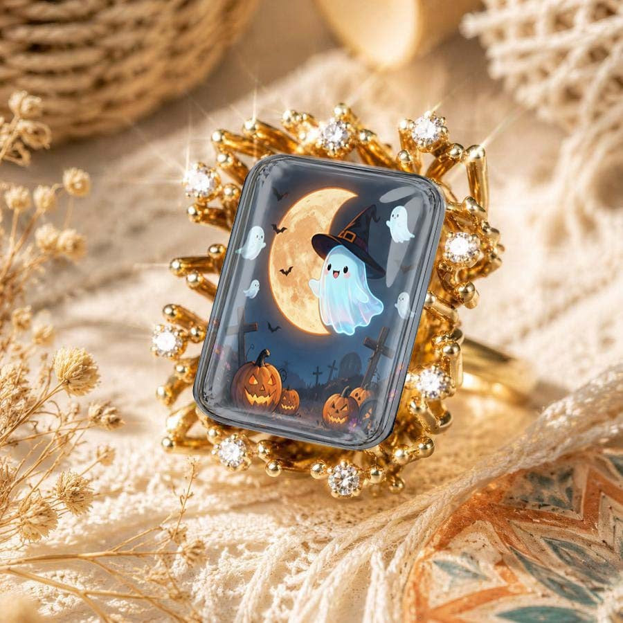 Halloween Ghost & Pumpkin Square Ring