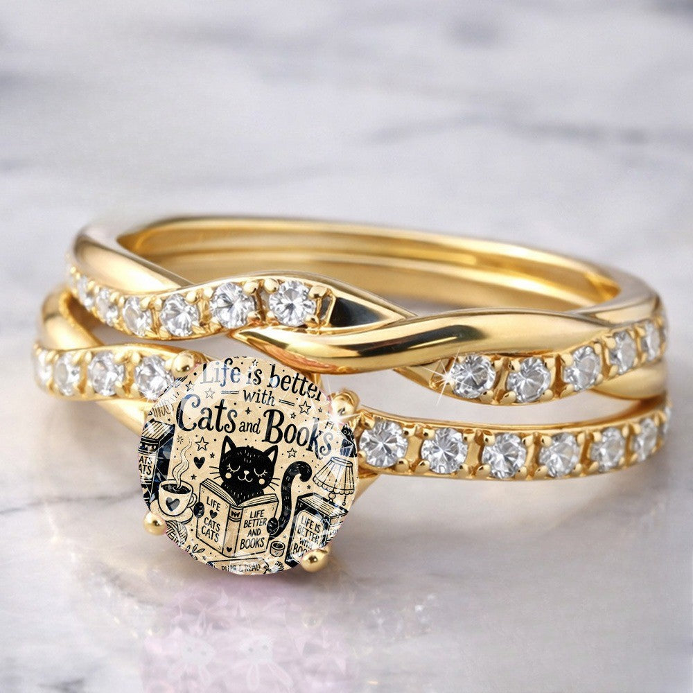 Twisted Crystal Cat & Books Ring