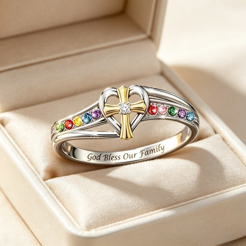 Rainbow Cross Heart Family Ring