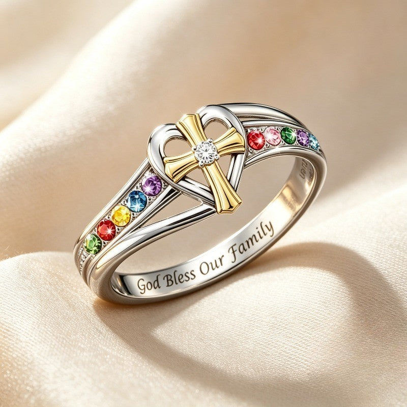 Rainbow Cross Heart Family Ring