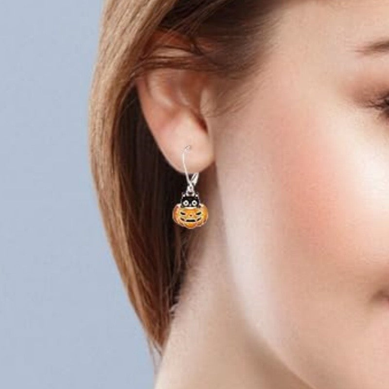 Enamel Cat Pumpkin Drop Earrings