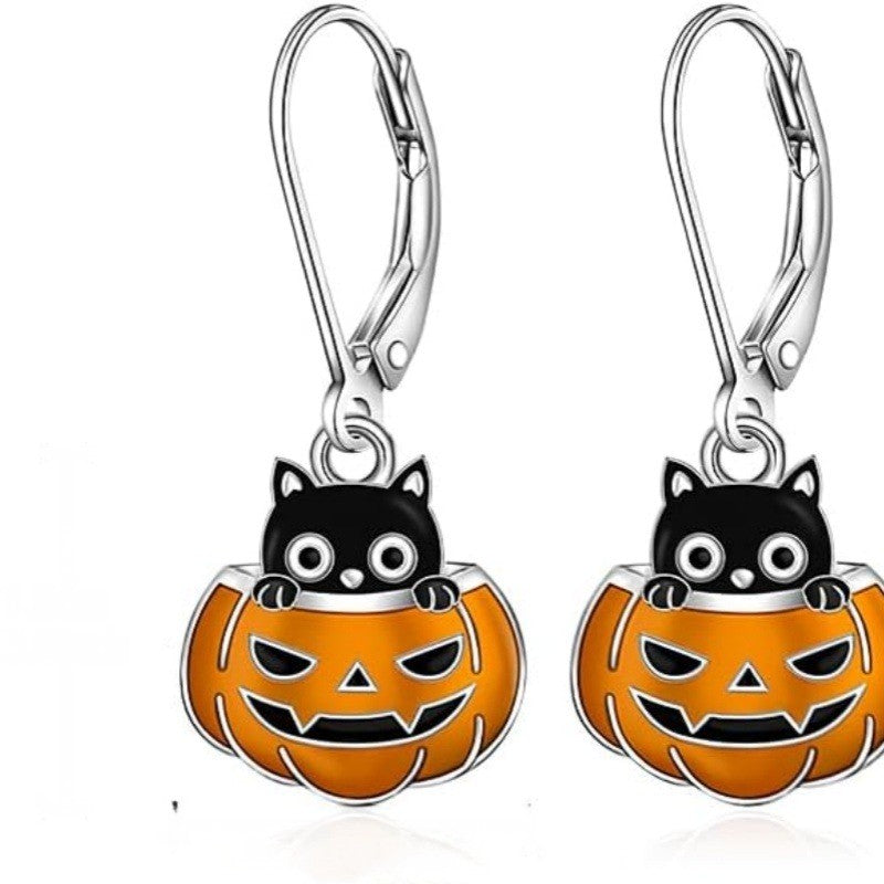 Enamel Cat Pumpkin Drop Earrings