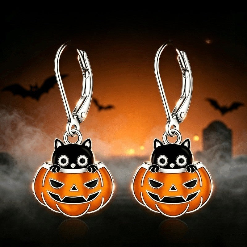 Enamel Cat Pumpkin Drop Earrings