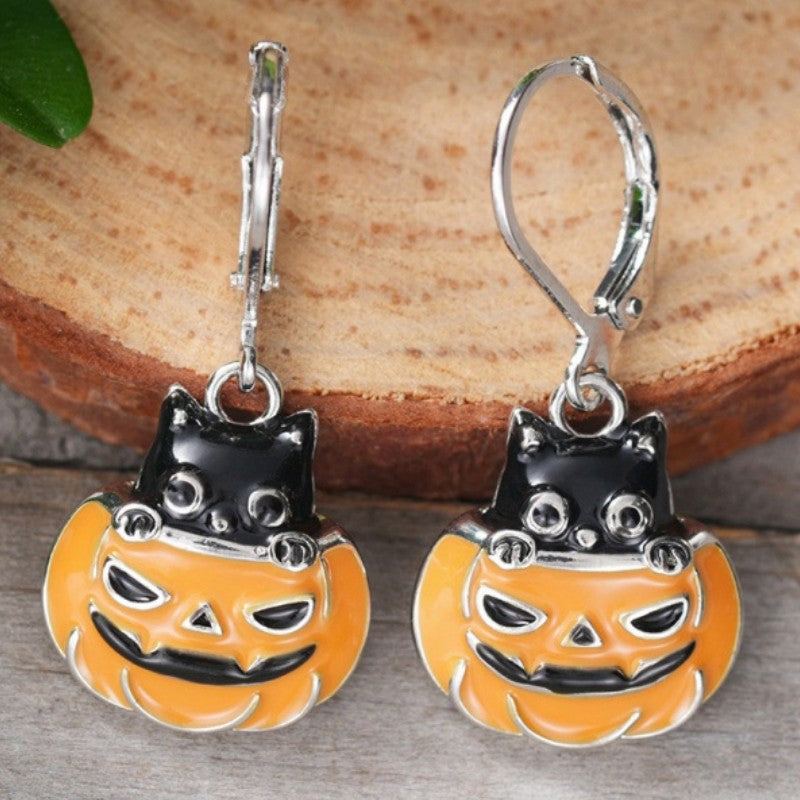 Enamel Cat Pumpkin Drop Earrings
