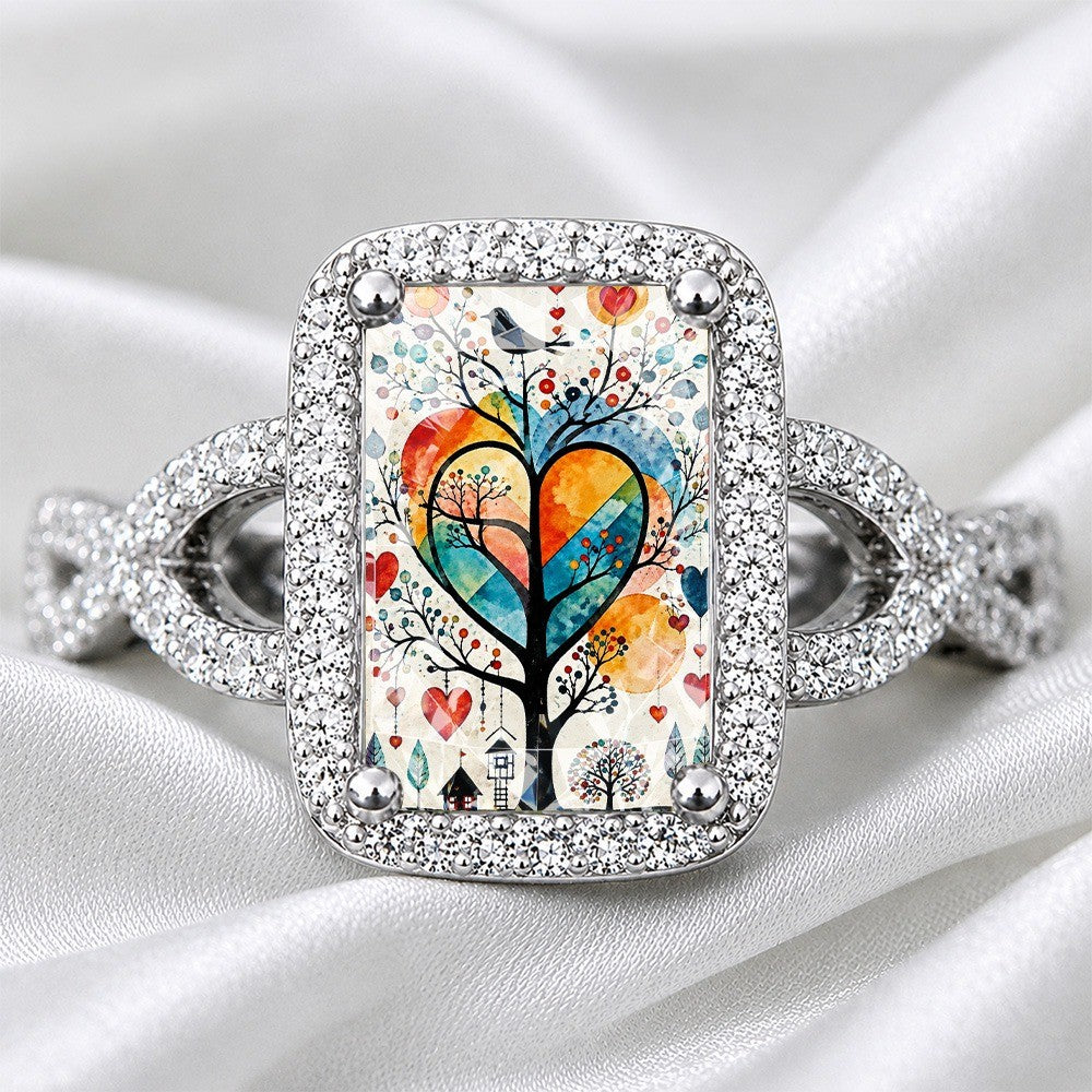Colorful Heart Tree Square Ring
