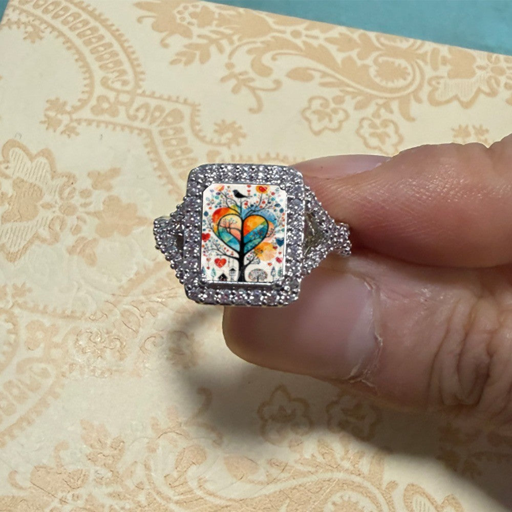 Colorful Heart Tree Square Ring