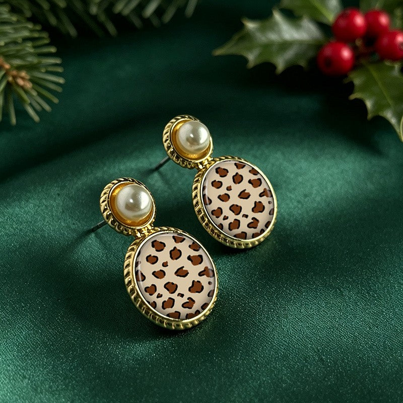 Leopard Print Pearl Stud Earrings