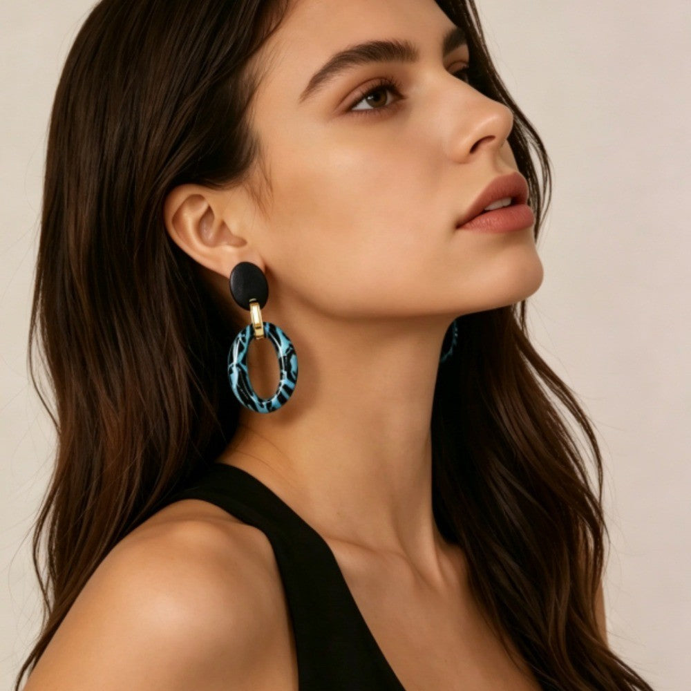 Blue Leopard Oval Drop Earrings