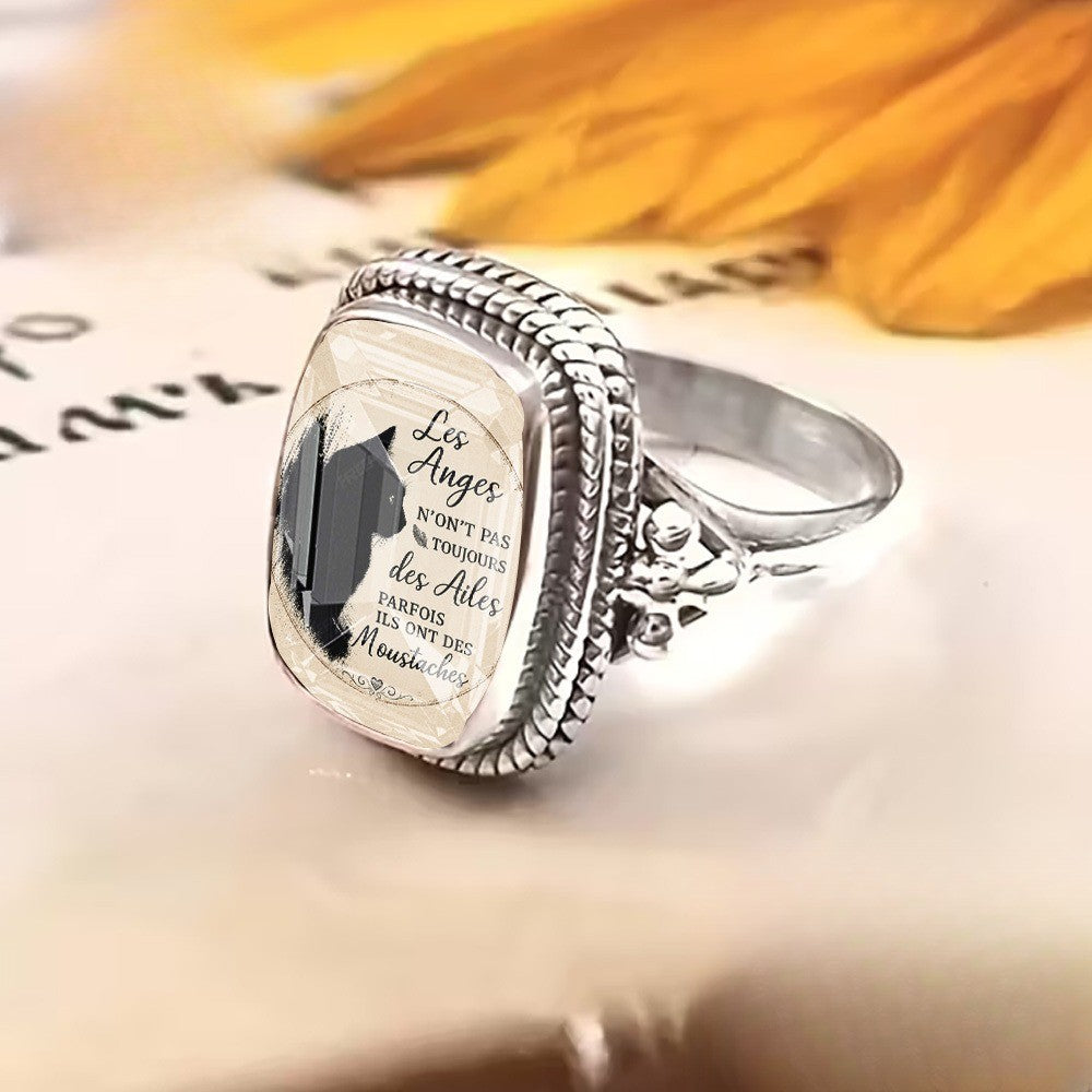 French Script Black Cat Square Ring