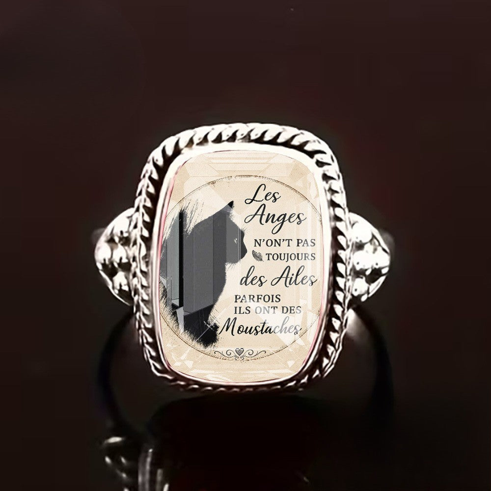 French Script Black Cat Square Ring