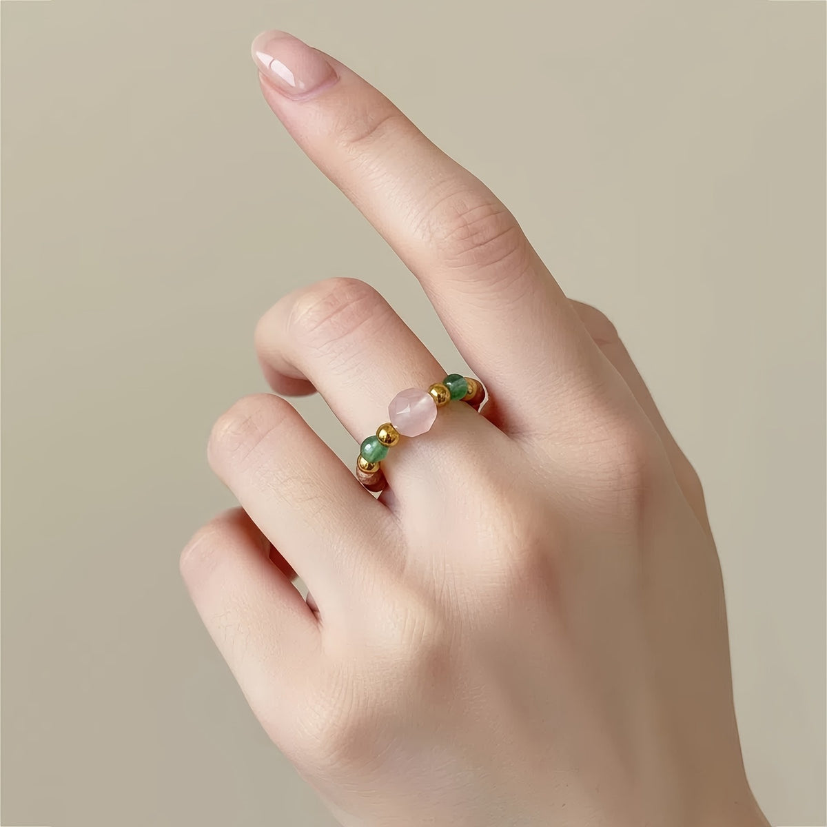 Pink Stone & Green Bead Ring