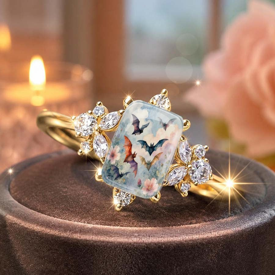 Bat & Floral Glass Ring