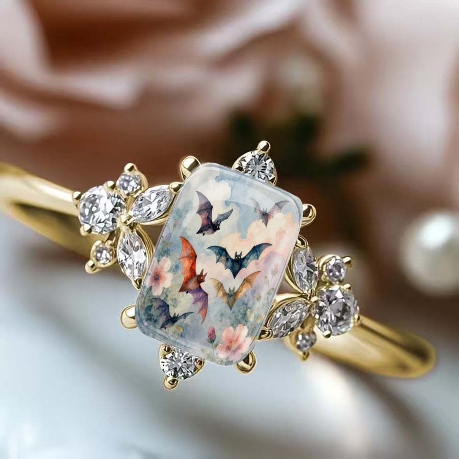 Bat & Floral Glass Ring