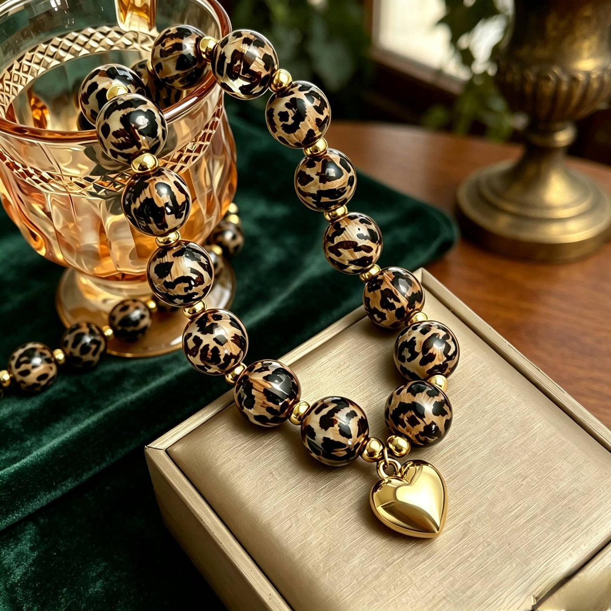 Leopard Bead Heart Necklace