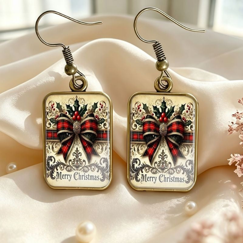 Vintage Plaid Bow Rectangular Earrings