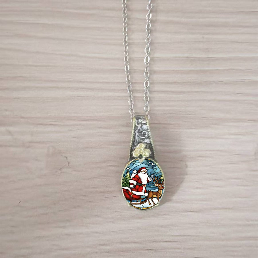 Santa & Reindeer Oval Pendant Necklace