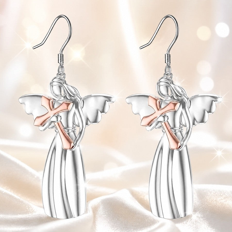 Angel Holding Cross Drop Earrings