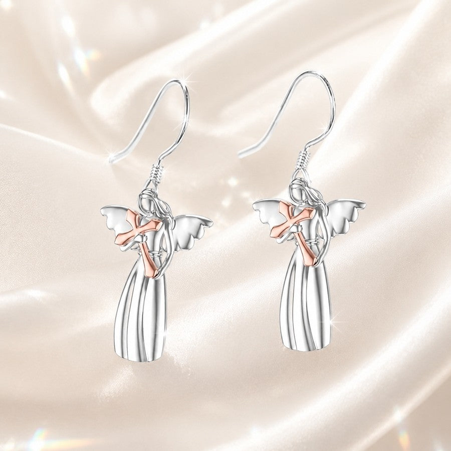 Angel Holding Cross Drop Earrings