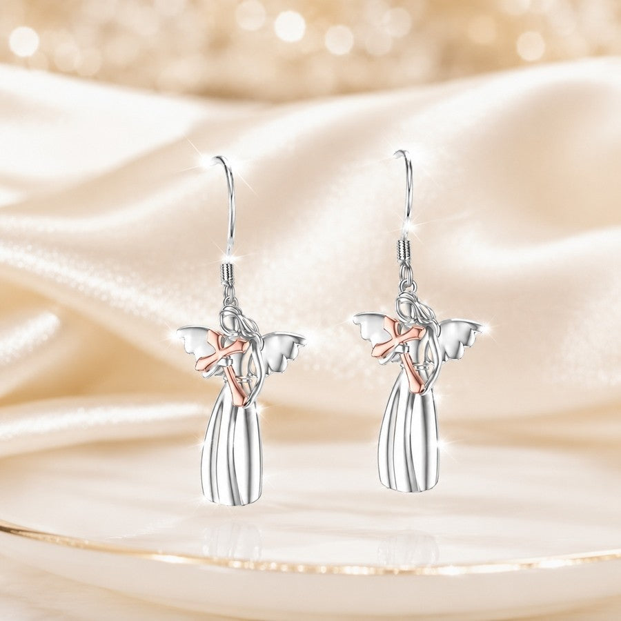 Angel Holding Cross Drop Earrings