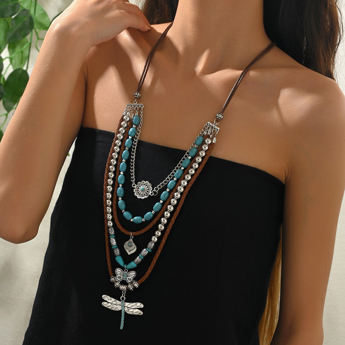 Turquoise Dragonfly & Butterfly Layered Necklace