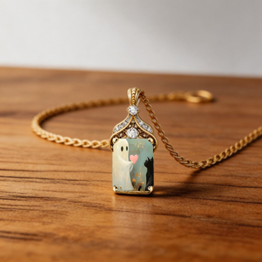 Ghost & Cat Square Pendant Necklace