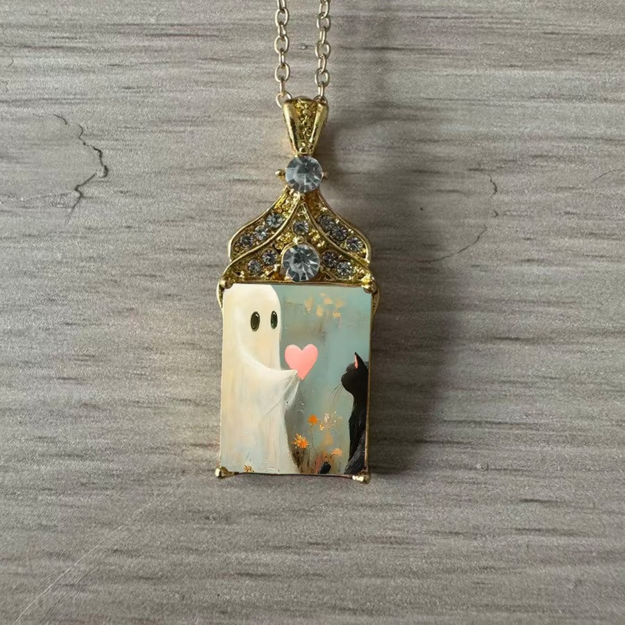 Ghost & Cat Square Pendant Necklace
