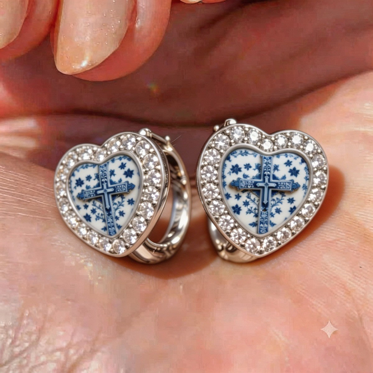 Blue Floral Cross Heart Hoop Earrings