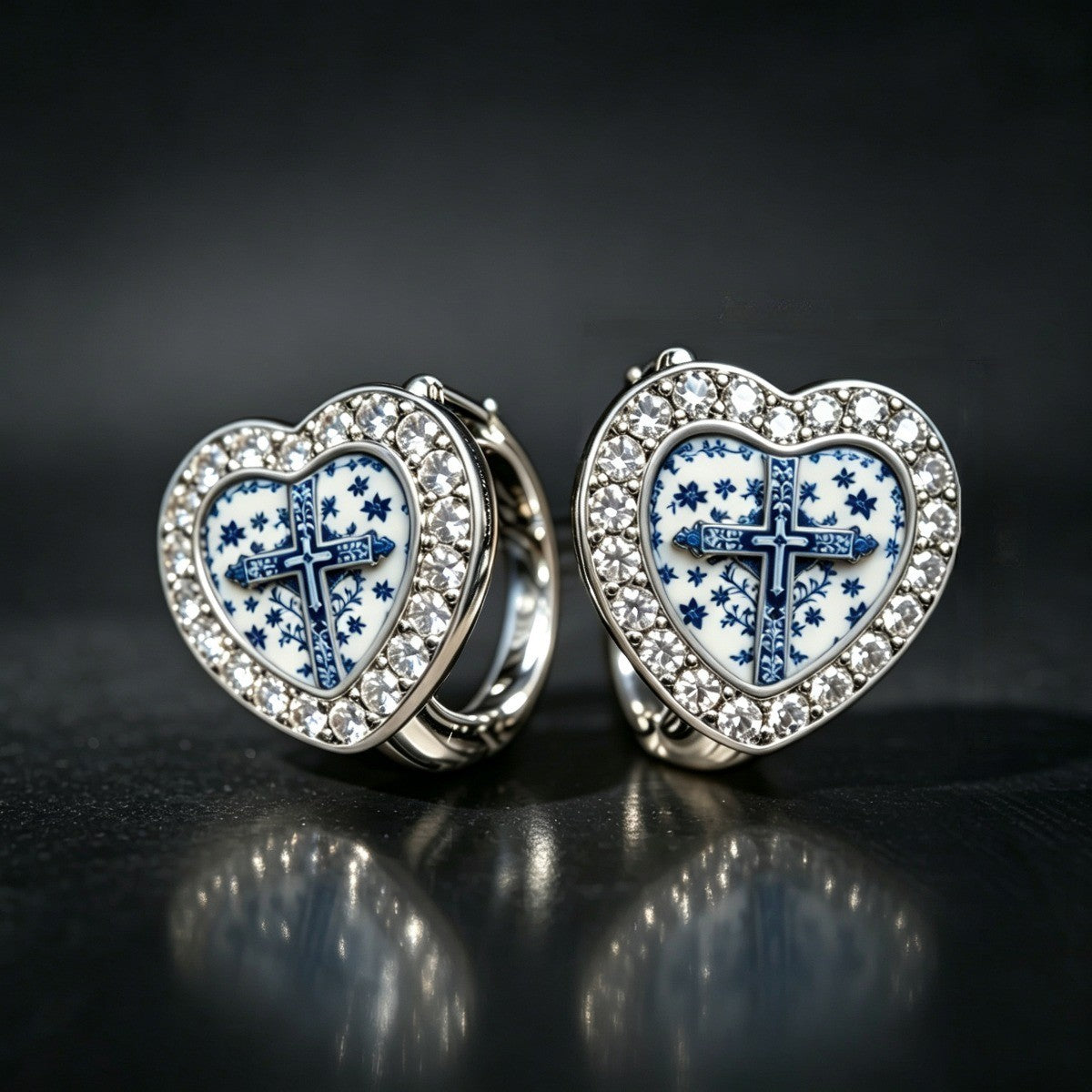 Blue Floral Cross Heart Hoop Earrings