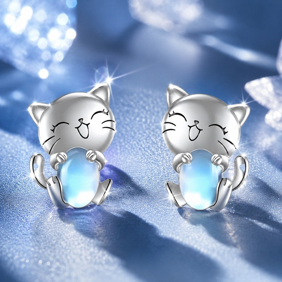 Smiling Cat Moonstone Stud Earrings