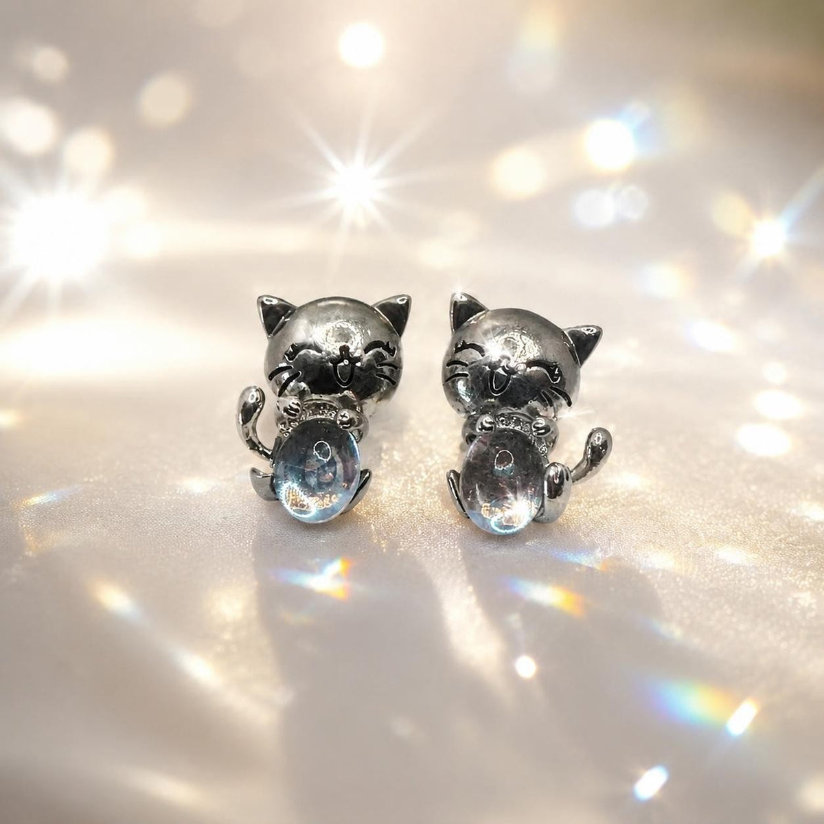 Smiling Cat Moonstone Stud Earrings